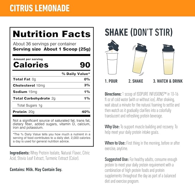 Isopure Clear Whey Isolate Protein Powder Infusions, Lactose Free, Gluten Free, Naturally Flavored, Citrus Lemonade, 20g Protein Per Serving, 1.9 Lb, 36 Servings