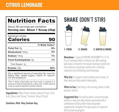 Isopure Clear Whey Isolate Protein Powder Infusions, Lactose Free, Gluten Free, Naturally Flavored, Citrus Lemonade, 20g Protein Per Serving, 1.9 Lb, 36 Servings