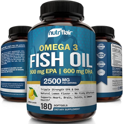 NutriFlair Omega-3 Fish Oil Supplement 2500mg - 900mg EPA 600mg DHA 90 Servings -180 Lemon