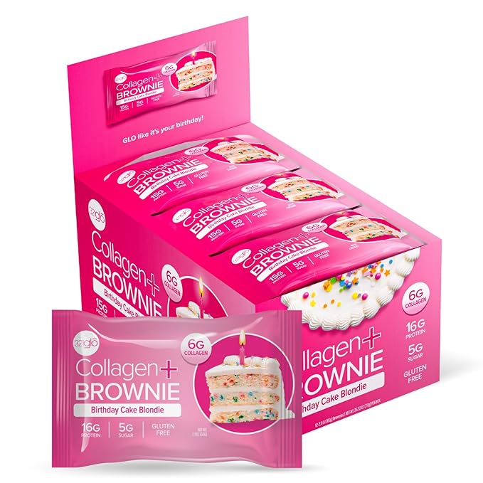 321glo Collagen Protein Brownie | Gluten Free, Low Sugar | Keto Snack for Women, Men, & Kids | 16g Protein, 6g Collagen | 12 Pack (Birthday Cake Blondie)