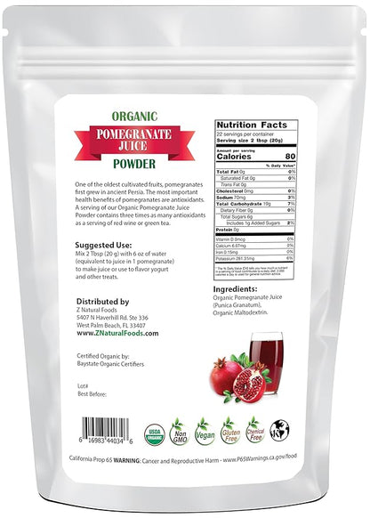 Z Natural Foods Pomegranate Powder - Organic Pomegranate Juice Powder, Pure & Natural Pomegranate Fruit Extract - Nutritious, Antioxidant Superfood for Smoothies, Tea, Yogurt & Culinary Use, 1 lb