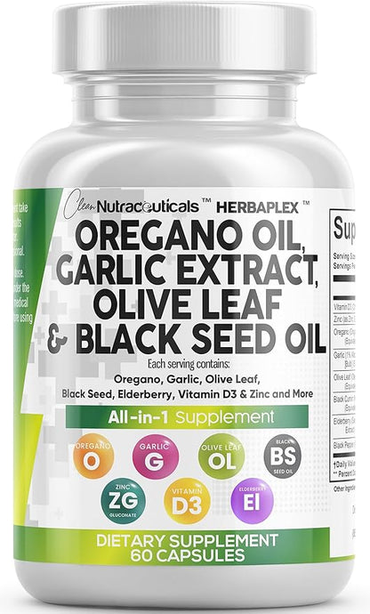 Clean Nutraceuticals Oregano Oil Garlic Extract Olive Leaf Black Seed Oil - Immune Support & Digestive Health Supplement for Women and Men with Vitamin D3 & Zinc - 1Pack
