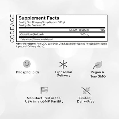 Codeage Liposomal Glutathione Powder 1000 mg 2-Month Supply, 2.22 Oz