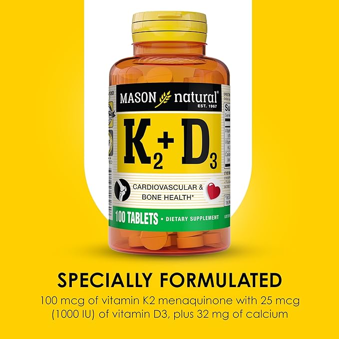 MASON NATURAL Vitamin K2 + D3, 100-Day Supply, with Calcium for Normal Bone and Muscle Support, Tablets