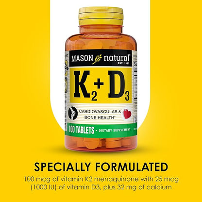 MASON NATURAL Vitamin K2 + D3, 100-Day Supply, with Calcium for Normal Bone and Muscle Support, Tablets