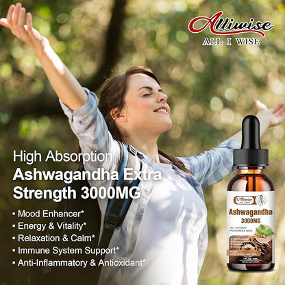 2 Pack Ashwagandha Supplement Liquid Drops 3000mg with VitaminD3,Fenugreek Seeds，Magnesium