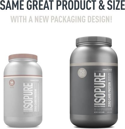 Isopure Zero Carb 100% Pure Whey Isolate Protein Powder, Lactose Free, Gluten Free, With Vitamins, Cookies & Cream, 25g Protein Per Serving, 3 Lbs, 44 Servings