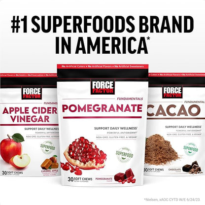 Force Factor Pomegranate Soft Chews for Healthy Aging, Heart Health, Bone Health, & Brain Health, Superfood & Antioxidants Supplement, Non-GMO, Gluten-Free, Vegan, Pomegranate Flavor, 30 Soft Chews