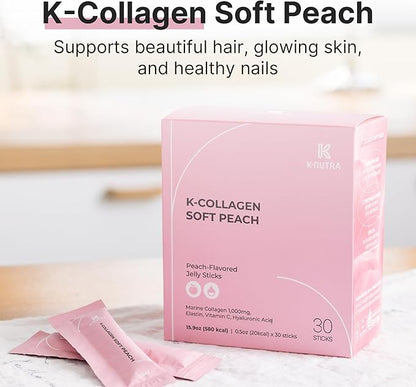 K-Nutra K-Collagen Soft Peach | 15.9oz (30 Sticks) | Marine Collagen with Vitamin C | Supports Skin, Hair & Nail Health | Tasty Jelly, Fast Absorption