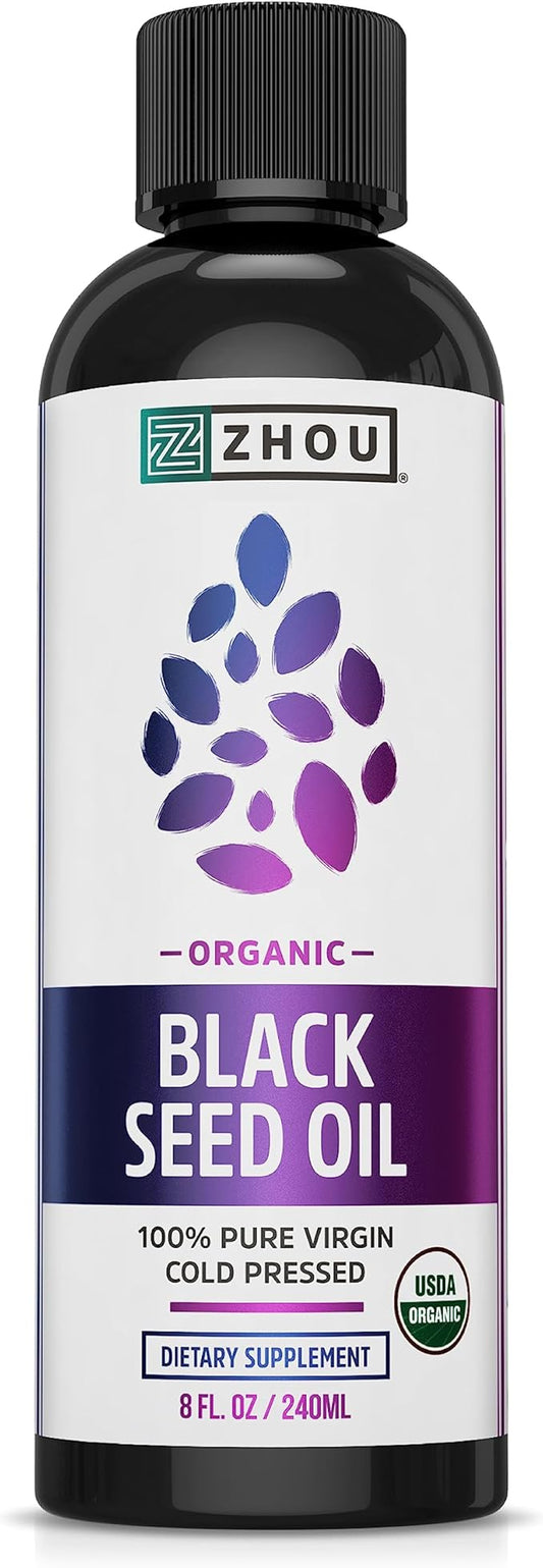 Zhou Organic Black Seed Oil | 100% Virgin Cold Pressed Omega 3 6 9 | Super Antioxidant for Immune Support, Joints, Digestion, Hair & Skin | Vegan, Gluten-Free, Non-GMO | 8oz