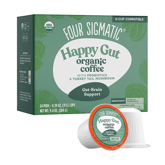 Four Sigmatic Happy Gut Organic Coffee Pods | Medium Roast Probiotic K Cups with Chaga and Turkey Tail | Immune Boosting, Probiotic Mushroom Coffee K Cups for Gut Health and Immune Support | 24 Count