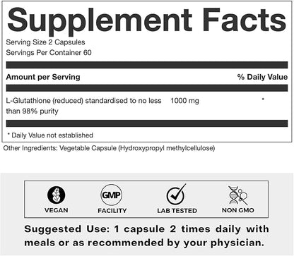 Ultra High Strength L-Glutathione 98% Supplement 500mg Concentrated 60 Capsules