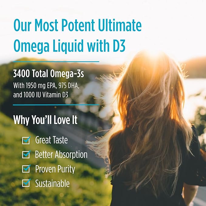 Nordic Naturals Ultimate Omega Xtra Liquid, 8 oz 3400 mg Omega-3 + 1000 IU D3 - Omega-3 Fish 48 Servings