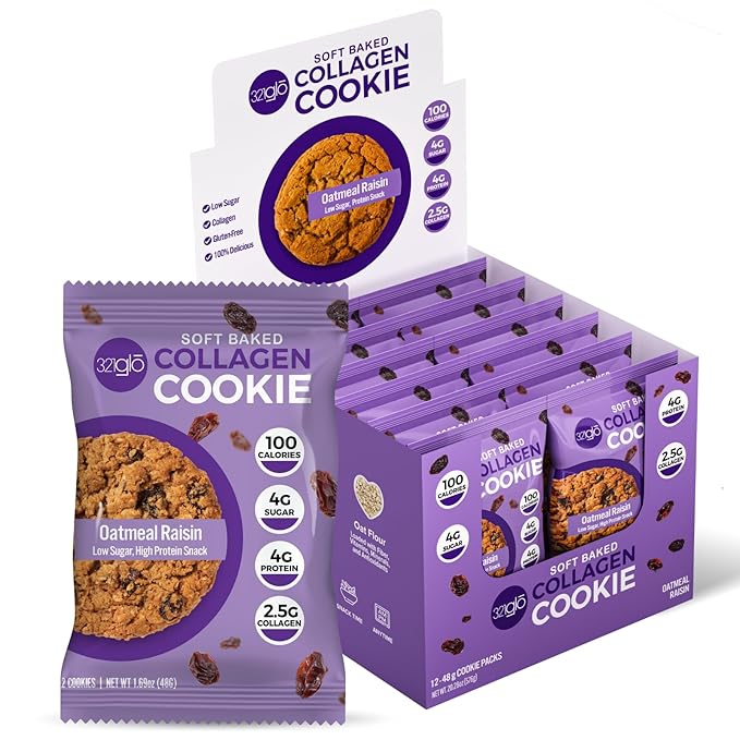 321glo Collagen Protein Cookies, Soft-Baked Cookies, Low Carb and Keto Friendly Treats for Women, Men, and Kids, 12-PACK (Oatmeal Raisin)
