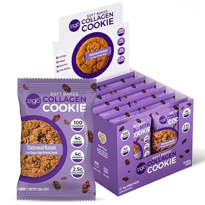 321glo Collagen Protein Cookies, Soft-Baked Cookies, Low Carb and Keto Friendly Treats for Women, Men, and Kids, 12-PACK (Oatmeal Raisin)
