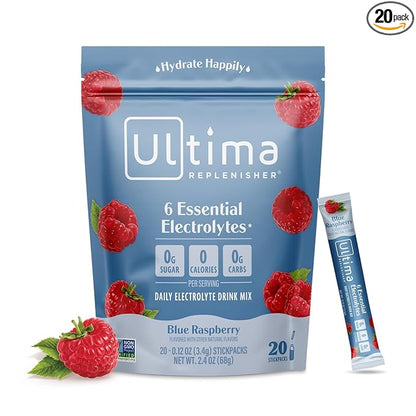 Ultima Replenisher Daily Electrolyte Powder Drink Mix – Blue Raspberry, 20 Stickpacks – Hydration Packets with 6 Electrolytes and Trace Minerals – Keto Friendly, Vegan, Non-GMO and Sugar-Free