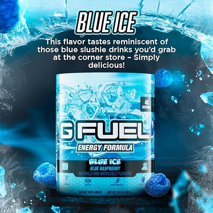 G Fuel Blue Ice Energy Drink Powder, Pre Workout Caffeine Mix for Gaming, Sugar Free Focus Amino, Vitamin + Antioxidants, 9.9oz (Blue Raspberry, 40 Servings)
