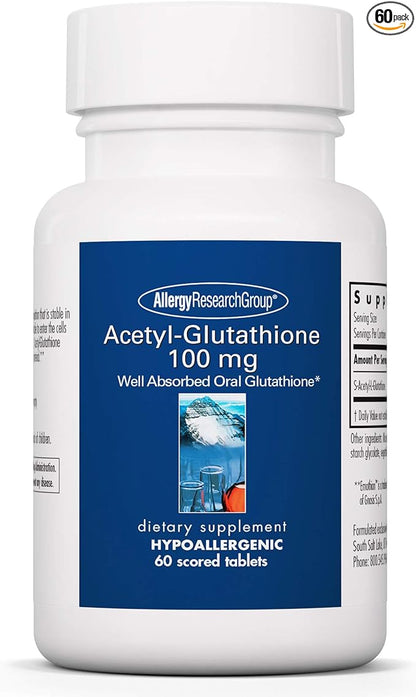 Allergy Research Group Acetyl-Glutathione - S-Acetyl-L-Glutathione, Well Absorbed, Oral Glutathione, Immune Support, 100 mg Supplement, Hypoallergenic, Scored Tablets - 60 Count