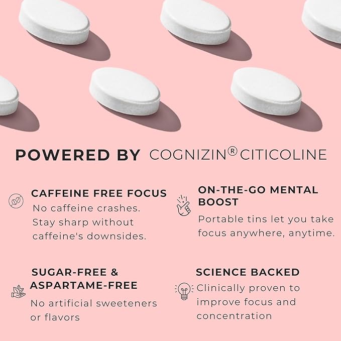 NOOZ Focus Mints - Caffeine-Free Brain Booster for Mental Clarity - Tangerine & Lemon Flavor | Sugar-Free, Travel-Friendly Supplement with Vitamins C, B6, B12 - Non-GMO, Clean Label, 25 Mints