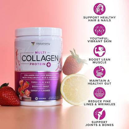 Multi Collagen Peptides Powder for Women and Men - Instant Dissolving Grass Fed Hydrolyzed Collagen Powder Drink Mix for Beautiful Hair Skin and Nails with Hyaluronic Acid and Vitamin C