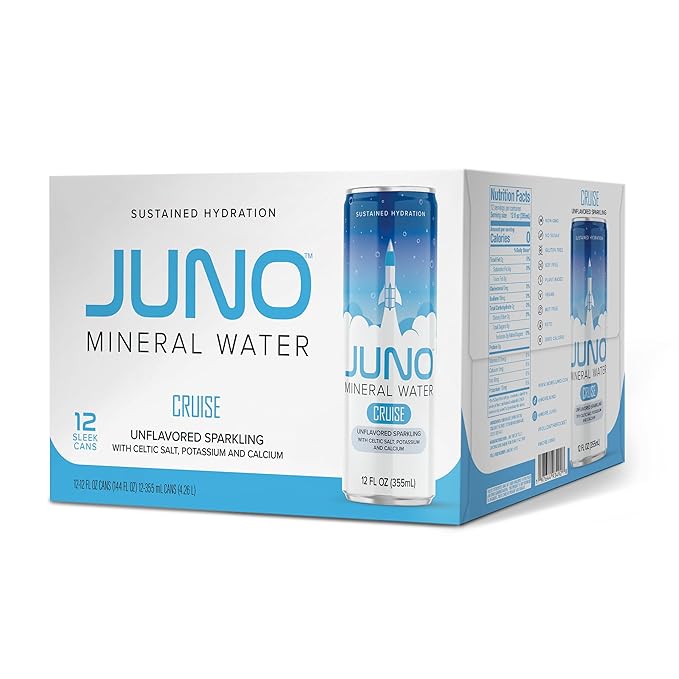 JUNO Cruise Unflavored Sparkling Mineral Water with Celtic Salt, Potassium, and Calcium, Premium Hydration Drink, 12 Pack