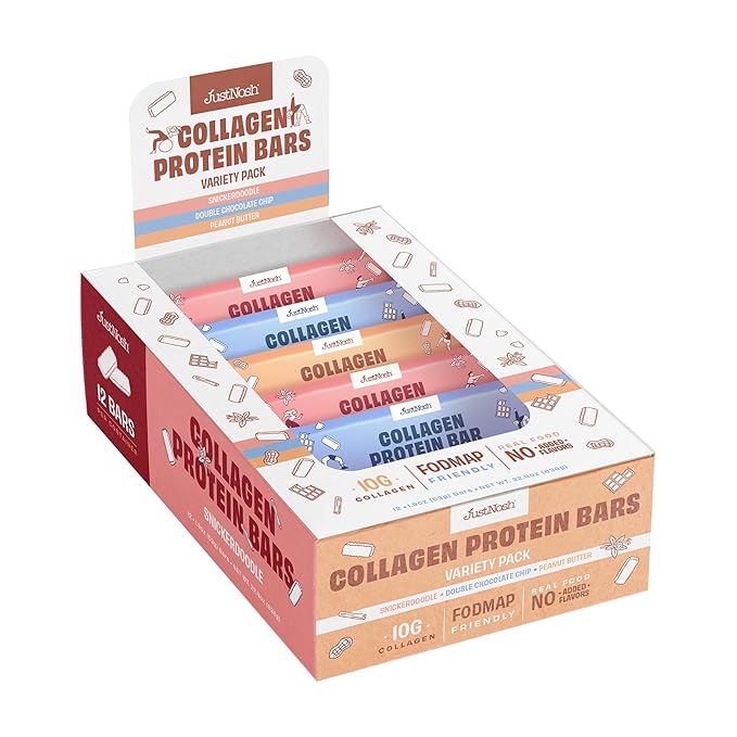 JustNosh Collagen Protein Bars, 10g Collagen, 15g Protein, Gluten Free, Dairy Free, FODMAP Friendly, Seed Oil Free Certified, Clean Ingredients | Variety Pack (12 Pack)