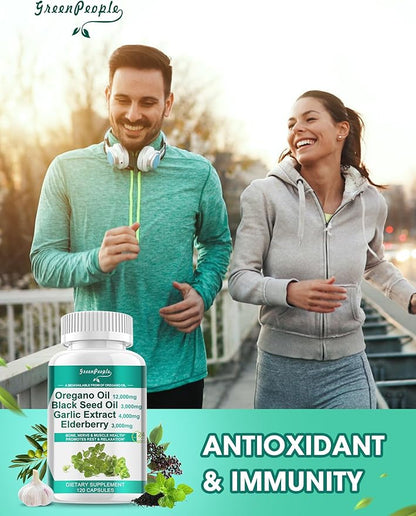 Oregano Oil 12,000mg Black Seed Oil 3,000mg Garlic 4,000mg Elderberry 3,000mg - D3 & 120 Capsules丨Vegan