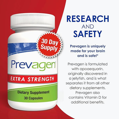 Prevagen Extra Strength - 90 Capsules (3-Pack of 30 Pills) | Prevagen for Your Brain | Prevagen Extra Strength Capsules - Brain Supplement with 20mg of Apoaequorin Plus Vitamin D3