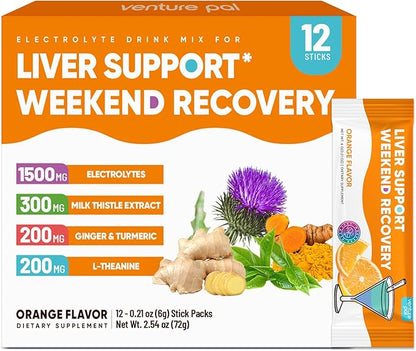 Venture Pal Liver Cleanse Detox & Repair, Liver Support with Milk Thistle + Ginger & Turmeric + L-Theanine + 5 Vitamins & 7 Electrolytes, Rapid Rehydration & Weekend Recovery Powder Packets, 12 Sticks