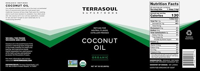 Terrasoul Superfoods Refined (No Coconut Flavor or Scent) Organic Coconut Oil, 2 Pounds (Glass Jar)