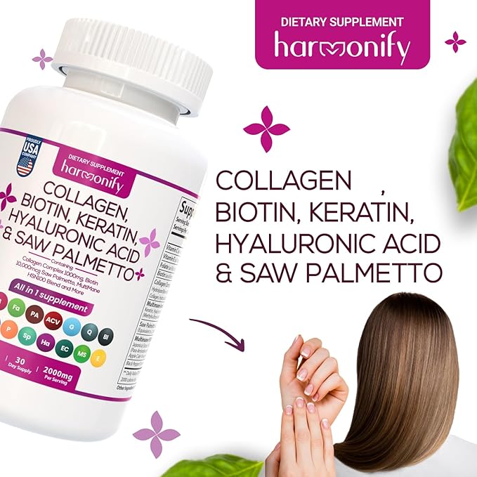 Collagen Biotin Keratin Saw Palmetto Hyaluronic 16 in 1 Capsules, 1000 mg