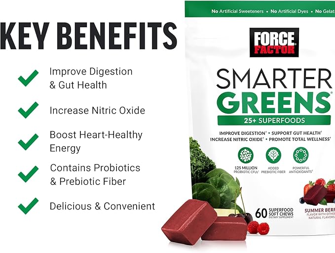 Force Factor Acai Soft Chews Immune Support and Smarter Greens Superfood Chews Digestion Support Bundle, 30 and 60 Count