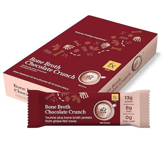 Fx Bone Broth Protein Bar - 13g Protein with Taurine + Grass Fed Collagen for Healthy Aging, Skin + Gut Health - 0g Sugar, Chocolate Crunch Flavor (12 Bars)