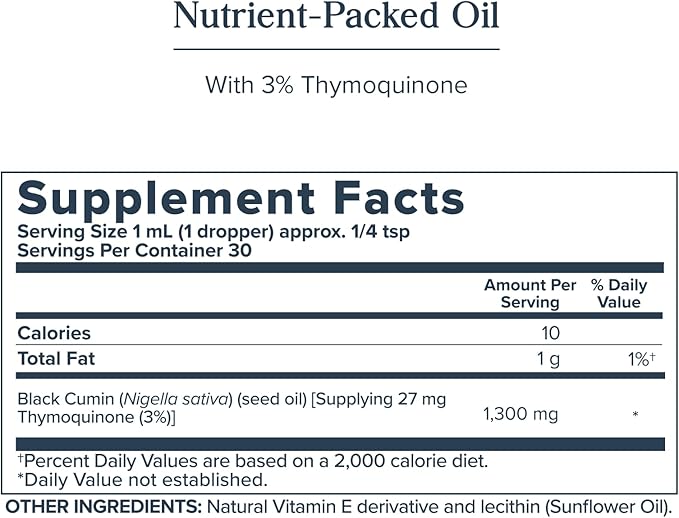 HERITAGE STORE Black Seed Oil w/ 3% Thymoquinone, Omega 6 9 - Nigella Sativa Liquid Oil, Cold Pressed from Black Seeds, Joints, Digestion and Immune Support, Vegan, 60-Day Guarantee, 30 Serv, 1 fl oz