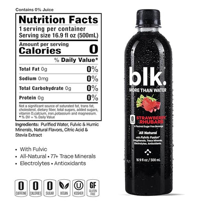 blk. Natural Mineral Alkaline Water Electrolyte Infused with Fulvic and Amino Acids, Zero Sugar, Strawberry Rhubarb Flavored, 16.9 oz. (500 mL), 12 Pack