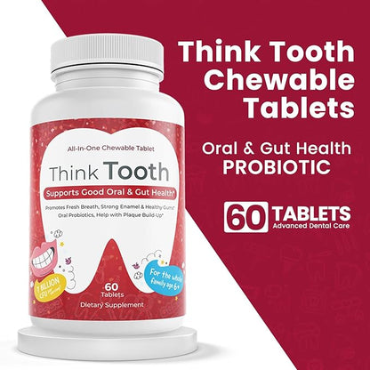 Think Tooth Chewable Tablets Supports Oral & Gut Health - Dental Probiotic Supplement for Fresh Breath & Healthy Gums - Advanced Oral Health Probiotics for Nightly Oral Care Routine - 60 Tablets