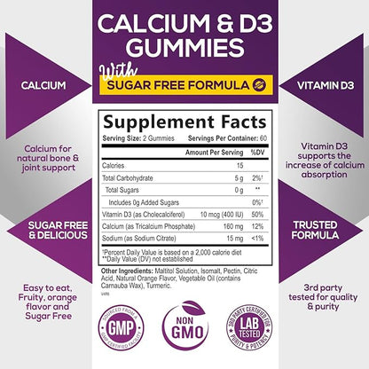 Sugar Free Calcium Gummy Bites Plus 400 IU D3, Bone 120 Gummies