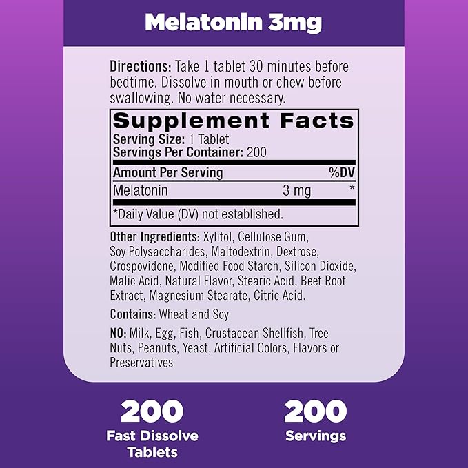 Natrol Melatonin 3mg, Strawberry-Flavored Dietary Supplement 200 Fast-Dissolve 200 Day