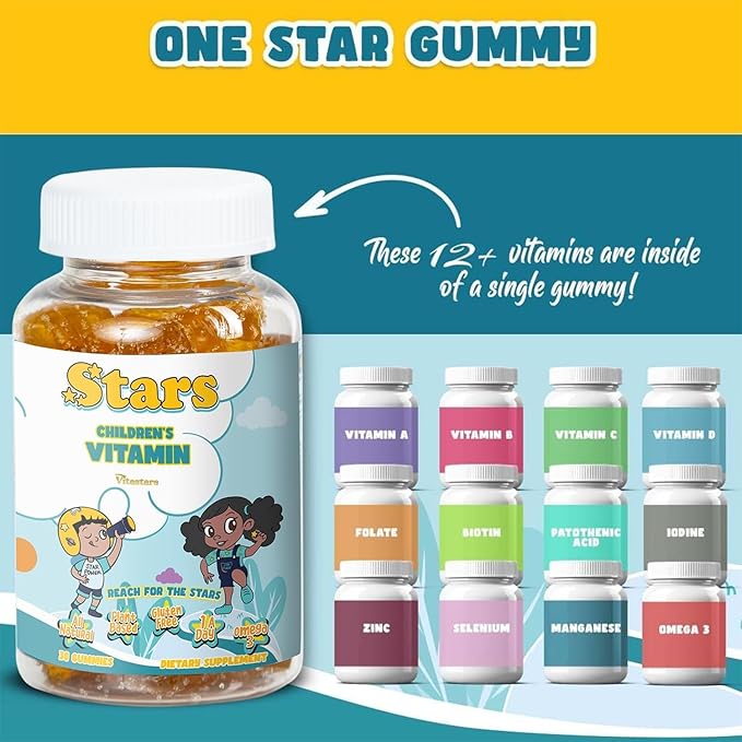 Stars Kids Multivitamin Gummies with Omega 3, Selenium, 30 Star-Shaped,