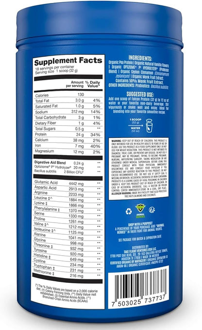 BIRDMAN Falcon Organic Vegan Protein Powder Vanilla, 24g Protein, Sugar Free, Probiotics, Low Carb, Keto Friendly, Dairy Free, Lactose Free, Non Whey, Plant Based Pea Protein Powder - 20 Servings
