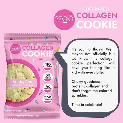 321glo Collagen Cookies | Soft Baked, High Protein Cookies | Low Carb, Low Sugar | Keto Snack for Women, Men, & Kids | 12 Pack (Birthday Cake)
