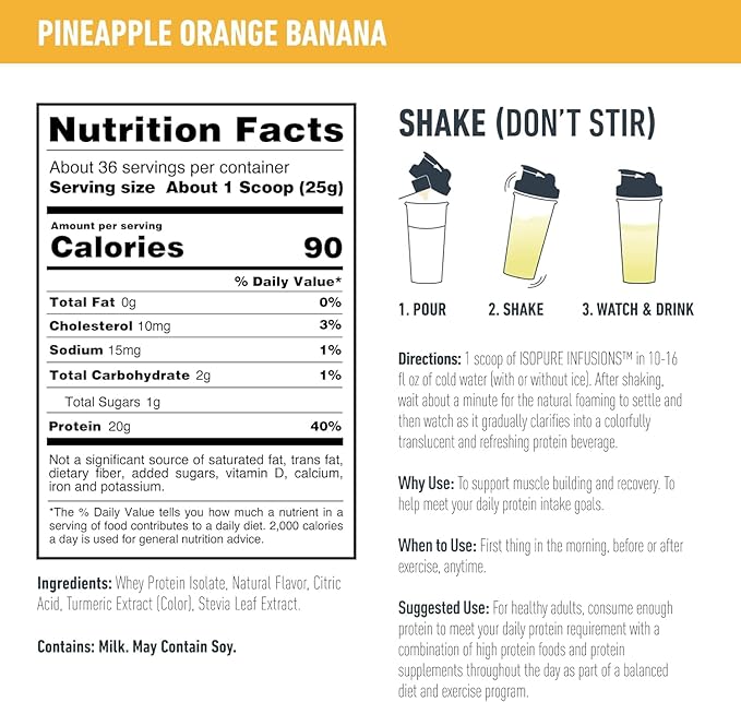 Isopure Clear Whey Isolate Protein Powder Infusions, Lactose Free, Gluten Free, Naturally Flavored, Pineapple Orange Banana, 20g Protein Per Serving, 1.9 Lb, 36 Servings