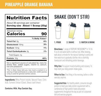 Isopure Clear Whey Isolate Protein Powder Infusions, Lactose Free, Gluten Free, Naturally Flavored, Pineapple Orange Banana, 20g Protein Per Serving, 1.9 Lb, 36 Servings