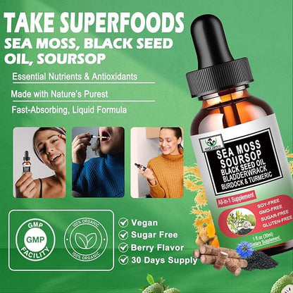 Sea Moss Black Seed Oil Soursop Liquid Drops with Bladderwrack Burdock Root Turmeric - Multimineral & Vitamins Superfood Drops Organic Non-GMO for Immune & Digestive & Cell Support Skin Hair