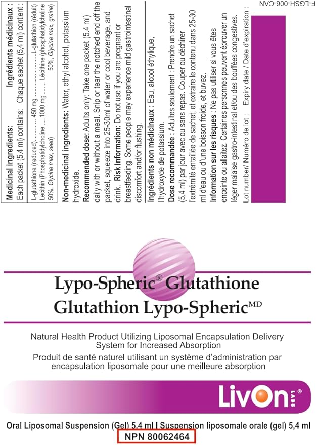 LivOn Laboratories Lypo–Spheric Glutathione 2 Cartons (60 Packets) 450 mg 100% Non–GMO