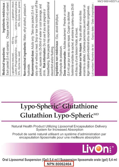 LivOn Laboratories Lypo–Spheric Glutathione 2 Cartons (60 Packets) 450 mg 100% Non–GMO