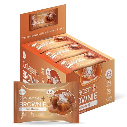 321glo Collagen Protein Brownie | Gluten Free, Low Sugar | Keto Snack for Women, Men, & Kids | 16g Protein, 6g Collagen | 12 Pack (Salted Caramel)