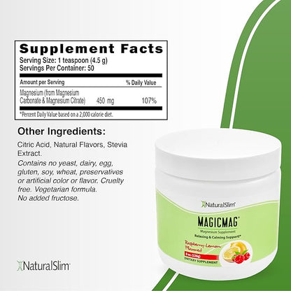 NaturalSlim Magicmag Pure Magnesium Citrate Powder Stress, Constipation, Muscle, Heart Health, and Sleep Support | Raspberry Lemon Magnesium Supplement - 8oz Drink Mix (2 Pack)