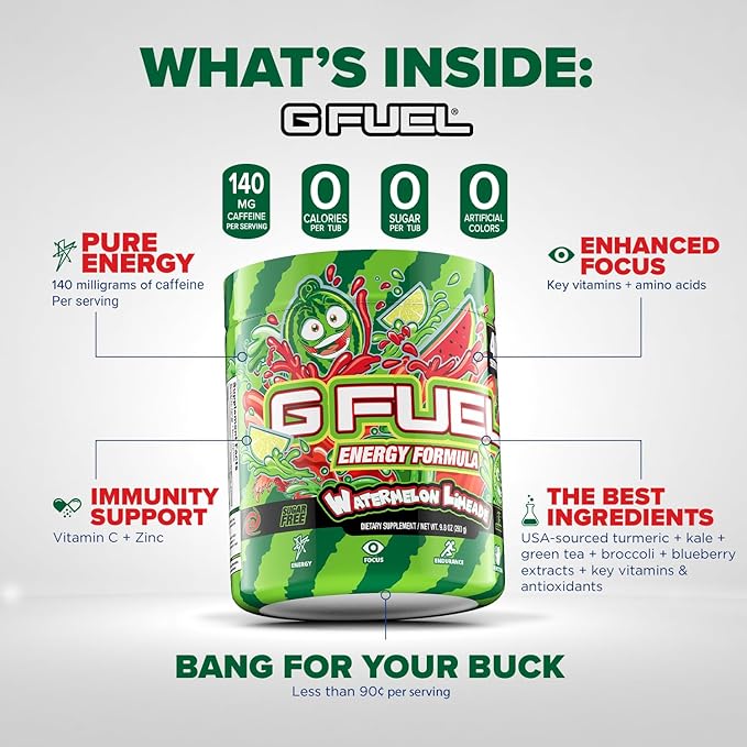 G Fuel Watermelon Limeade Energy Drink Powder, Pre Workout Caffeine Powder, Energy Powder Drink Mix for Gaming, Sugar Free Focus Amino, Vitamin + Antioxidants, 9.9oz (Watermelon Limeade, 40 Servings)