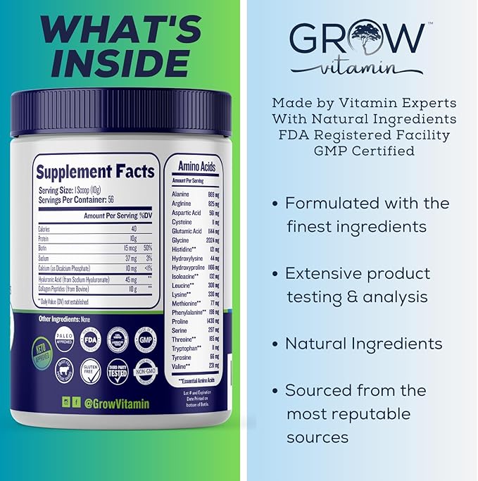 grow vitamin Collagen Peptides Powder, Grass 20 OZ, 56 Servings